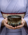 美濃焼 抹茶碗3点セット 黒土錦糸流紋線