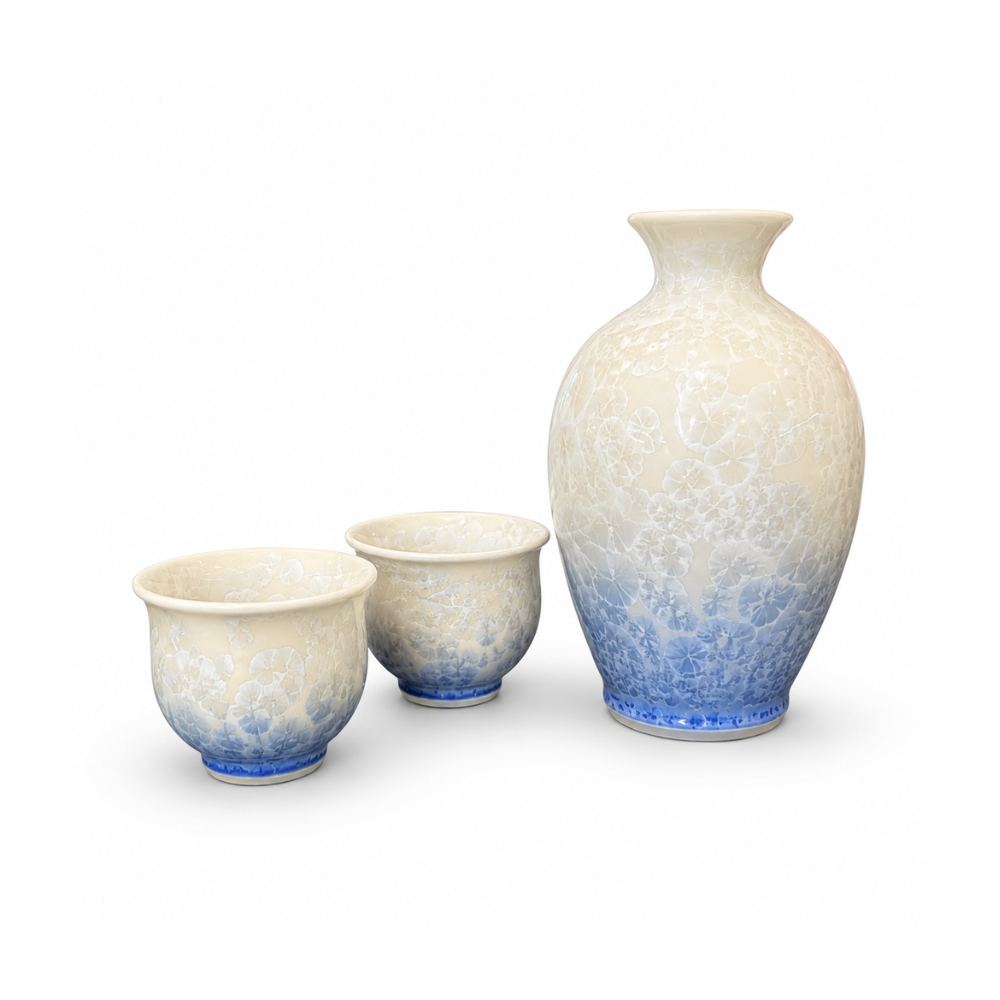 京焼 清水焼 お預け酒器セット 花結晶（白地青）