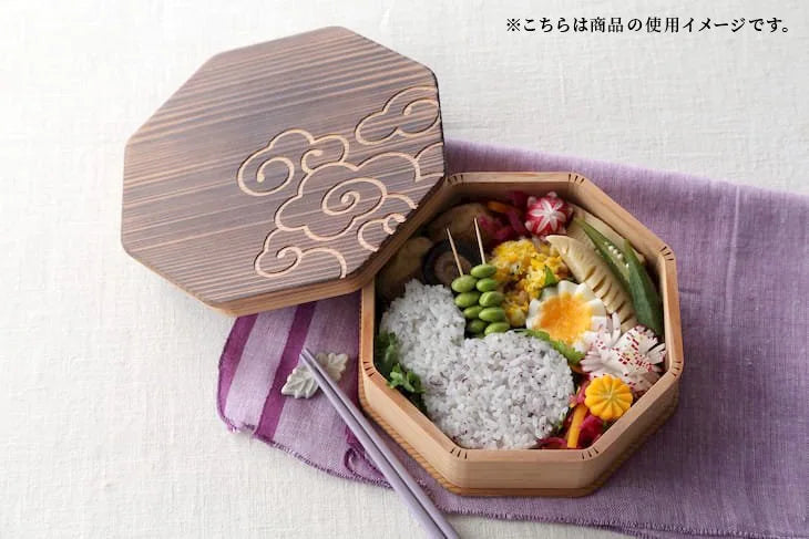 八角一段 お弁当箱 雲紋柄（黒刻）
