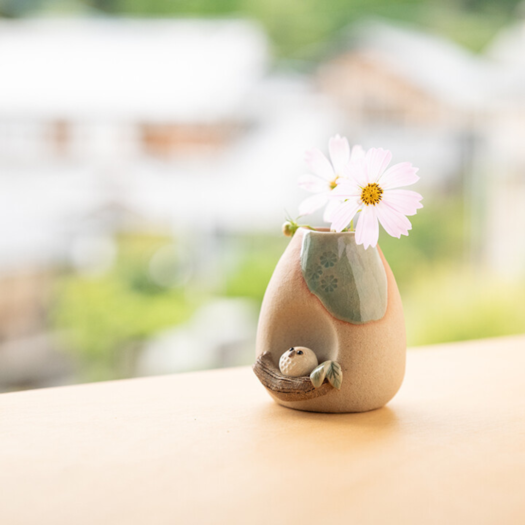 信楽焼 ミニ花瓶 枝乗りふくろう