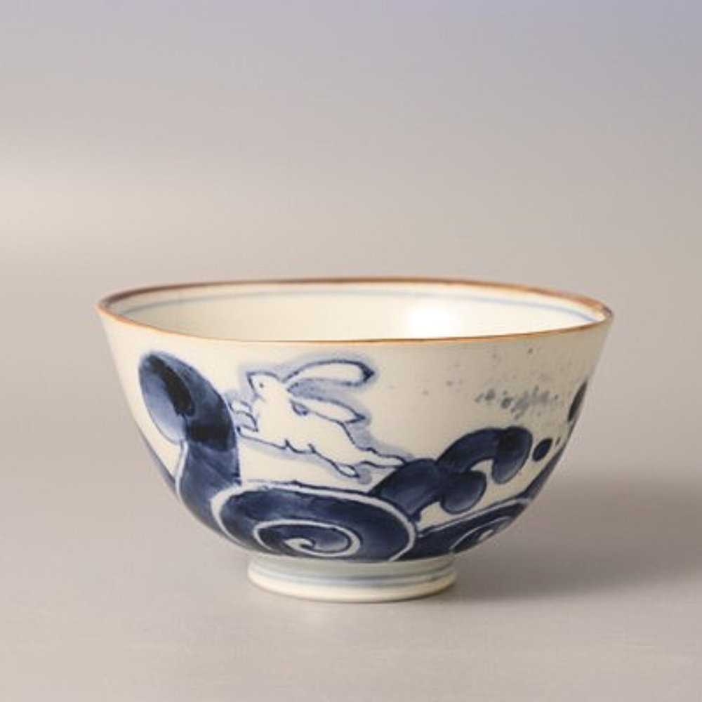 有田焼 染付夫婦茶碗 流水花 / 波うさぎ