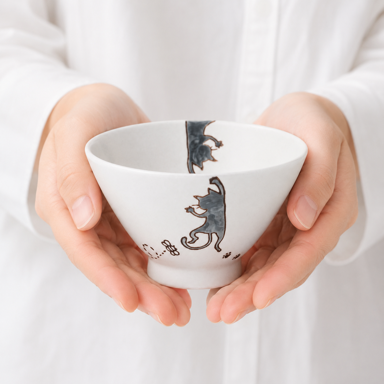 波佐見焼 夫婦茶碗 ぶら下がり猫  灰・茶